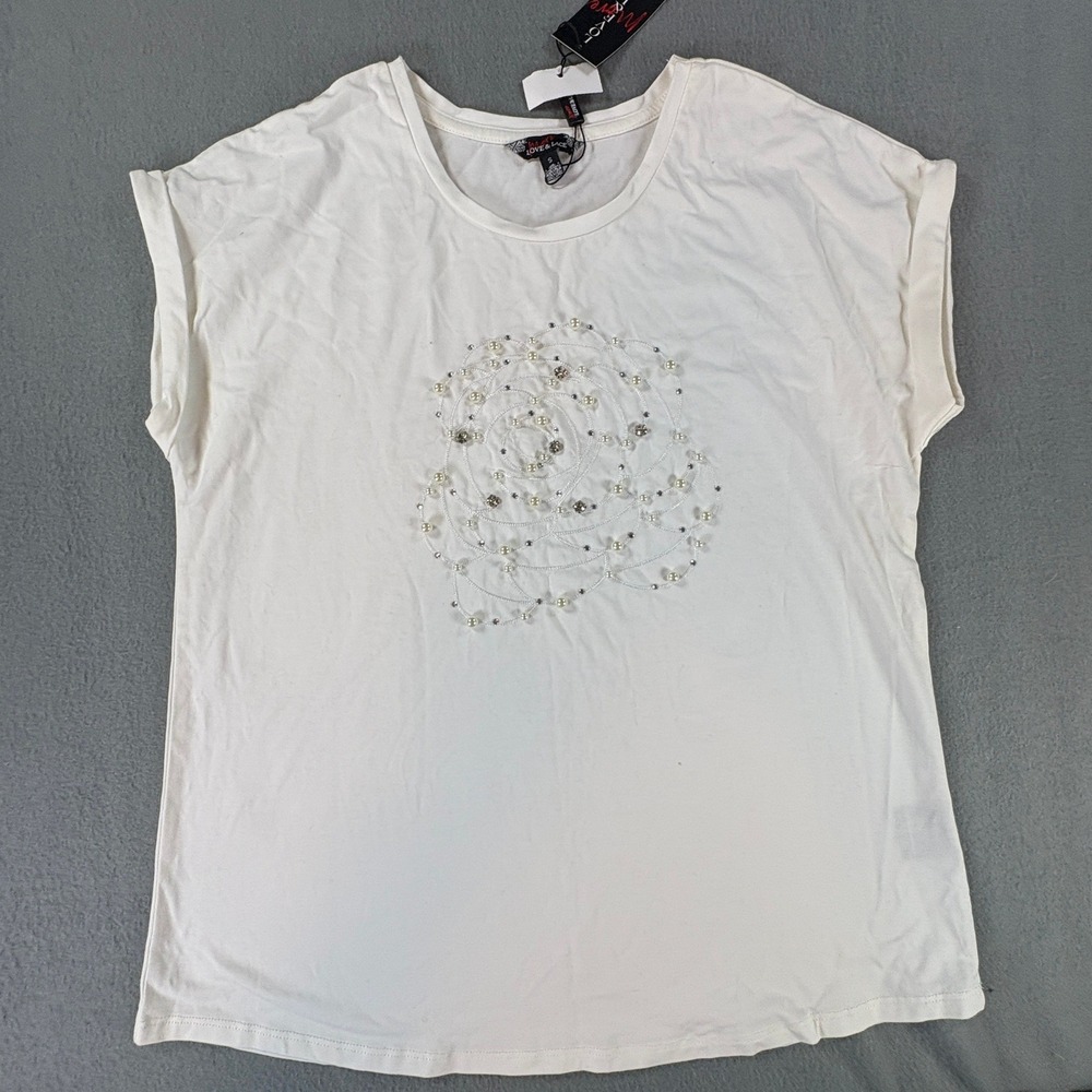 Love & Lace White Pearl Rhinestone Floral Short Sleeve Top NWT Size‎ Small